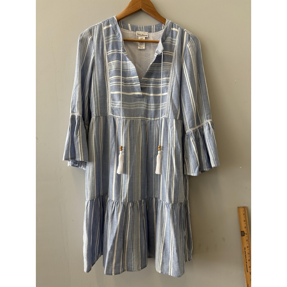 Tommy Bahama Dress Womens XXS Blue Striped Tassel V Neck Bell Sleeve Swing Boho